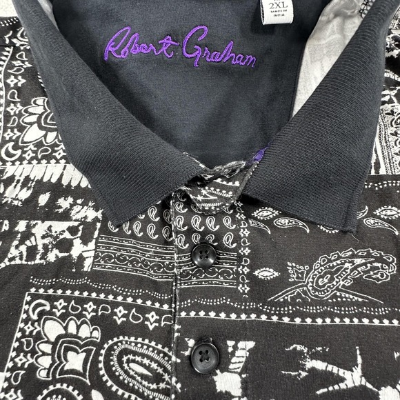 Robert Graham Polo Shirt Mens 2XL Black White Bandana Paisley Classic Fit - Picture 3 of 10
